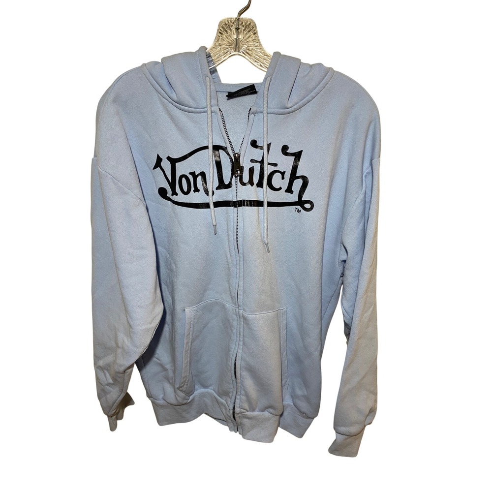 Von Dutch Baby Blue Zip Up Hoodie Sweatshirt Logo Graphic Mens Medium
